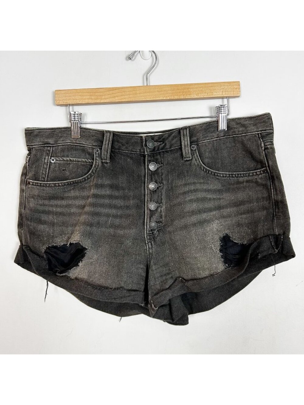 We the Free People Black Denim Cuffed Shorts Button Fly Distressed Size 31 Women